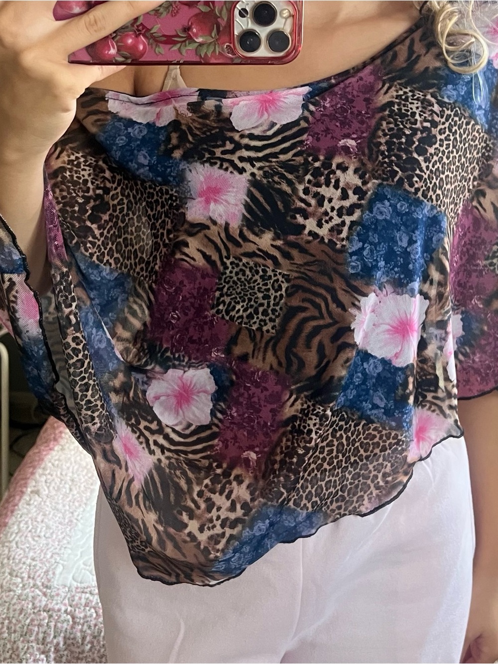 y2k Sheer Floral & Animal Print shawl - Pink, Blue & Brown